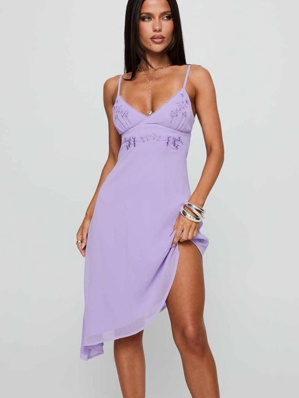 Princess Polly asymmetrical purple dress with floral embroidery